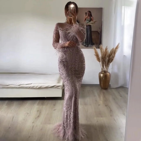 Vestidos de noche de lujo estilo sirena, con plumas y mangas largas azules, estilo sirena, colección 2025 LA60932 