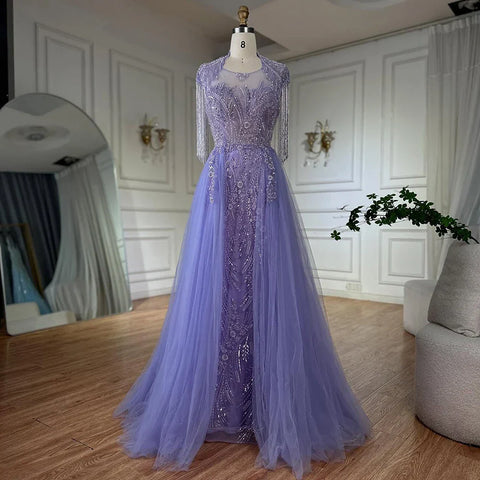 Robe de soirée élégante de style arabe lilas, coupe trapèze, avec pompons et perles, tenue de soirée de luxe à Dubaï, pour femme, tenue de mariage, LA72422, 2025 