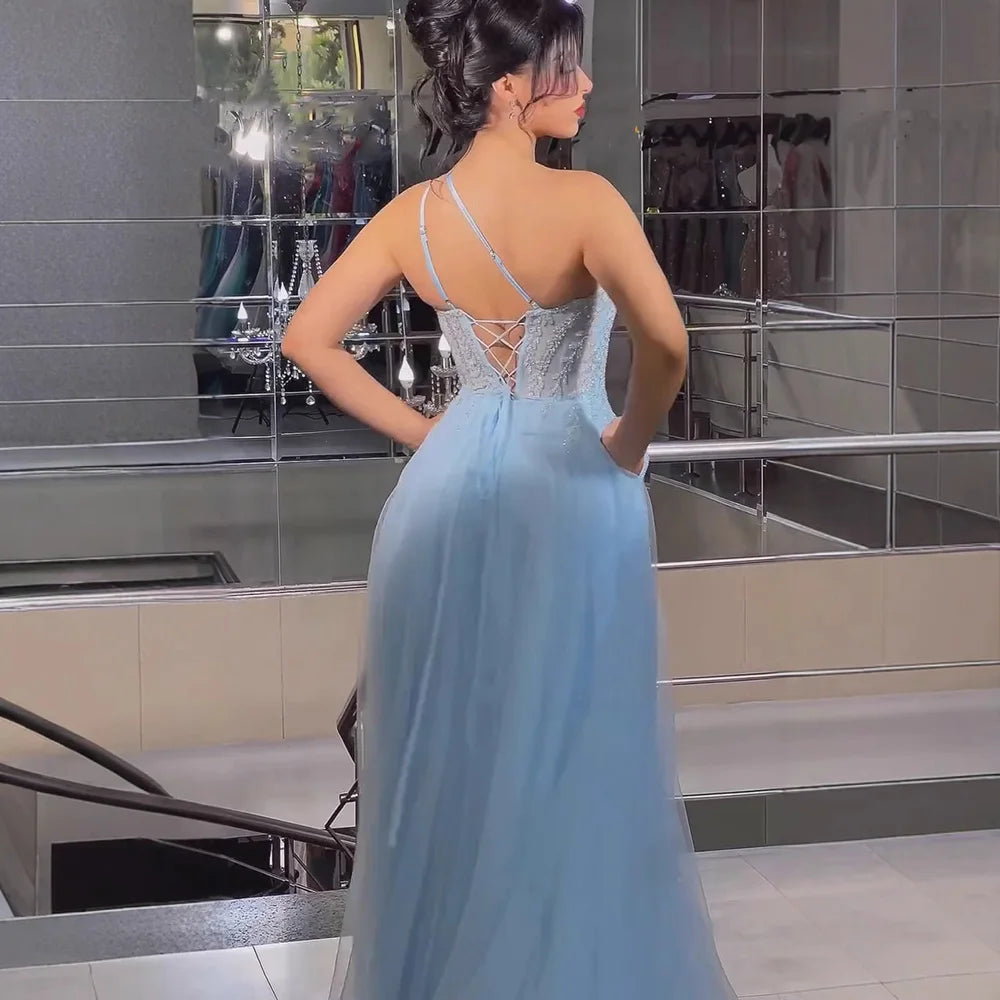 Serene Hill  Blue Spaghetti Strap A Line One Shoulder Prom Dress 2025 LA72589