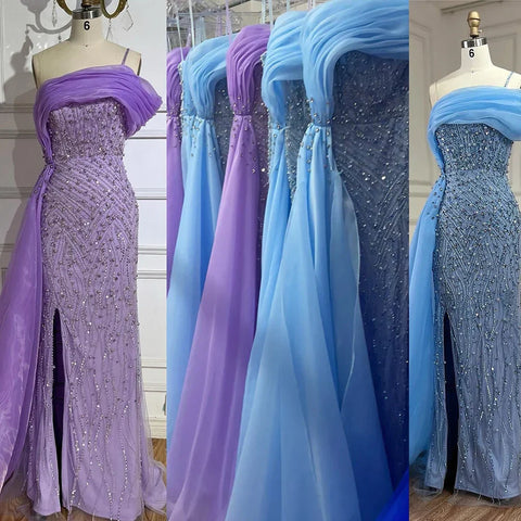 Vestido de noche de sirena de lujo, azul, con un solo hombro, abertura, perlas y cuentas, modelo LA72244A, para mujer. 