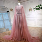 Luxury Elegant Pink Beaded Evening Dress with Cape LA73033
