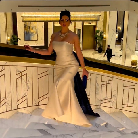 Beige Elegant Mermaid Mikado Satin Sexy Strapless  Long Evening Dresses Gowns 2025 For Women Wedding Party LA71953