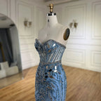 Vestidos de noche de lujo estilo sirena, elegantes, sin tirantes, con cuentas, color azul árabe, de Dubai, colección 2025 para mujer, modelo LA72328 