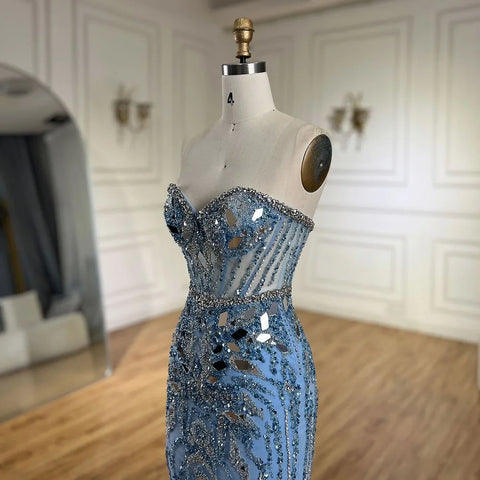 Arabic Blue Elegant Strapless Mermaid Beaded Luxury Dubai Evening Dresses Gowns 2025 for Women's Party LA72328