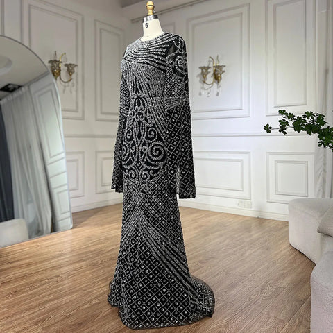 2025 Flared Sleeves Caramel Beaded Luxury Saudi Arabic Mermaid Evening Dresses Gowns for Formal Occasion LA72771