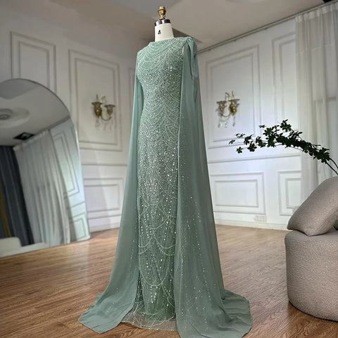 Robe de soirée luxueuse à manches cape et perles, style sirène, bleu saoudien, pour une occasion spéciale, LA72160A, 2025 