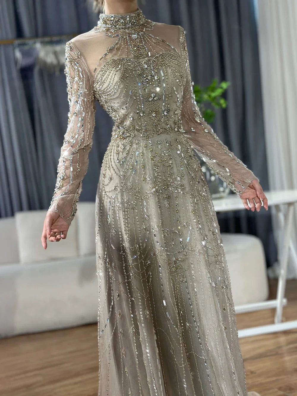 Vestidos de noche de lujo árabes de corte A, encaje azul y cuentas, para mujer, ideales para fiestas en Dubái (LA72704) 