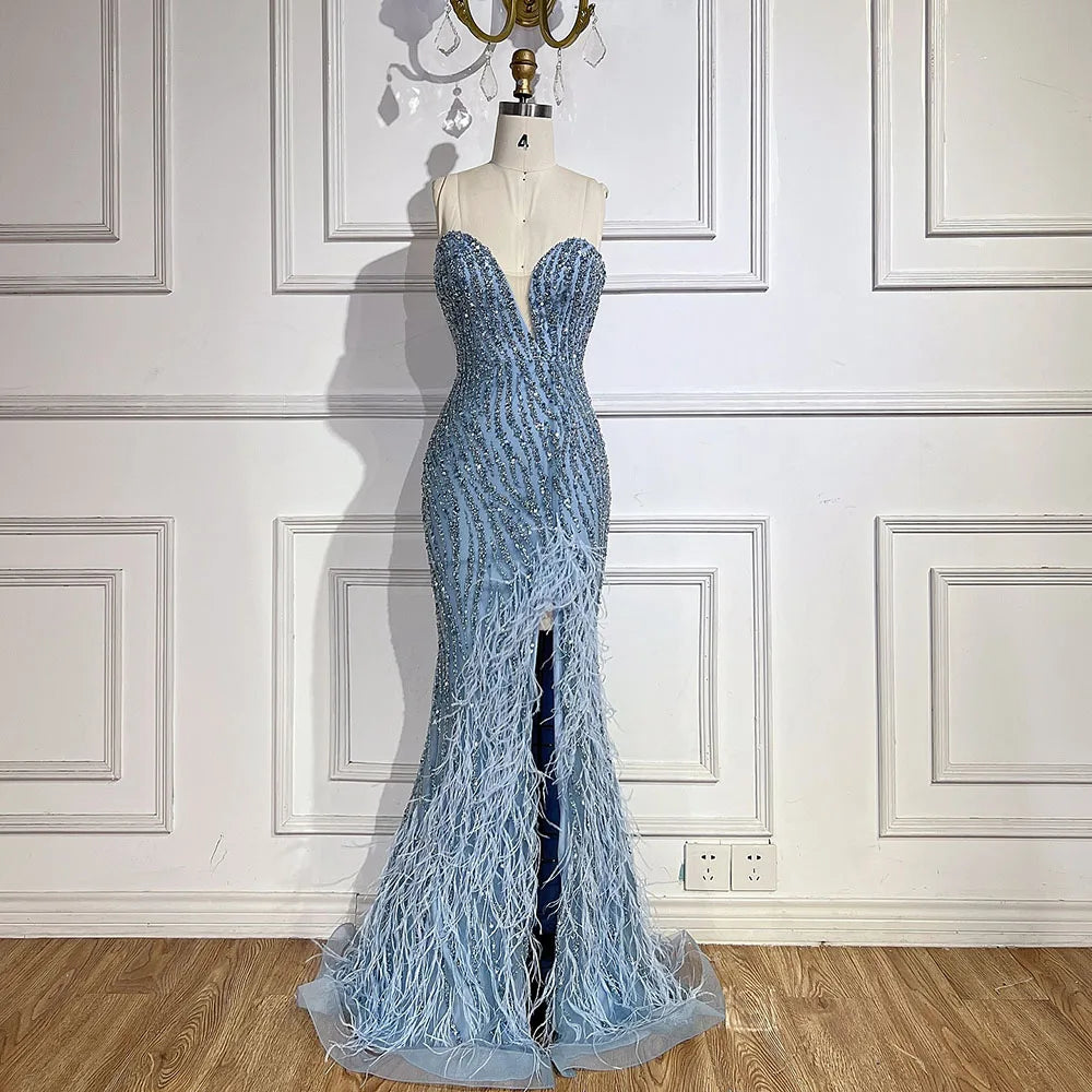 Vestido de noche de lujo árabe sin tirantes, azul con cuentas y plumas, estilo Dubai, con falda lateral, para mujer, ideal para bodas y fiestas (LA72695) 