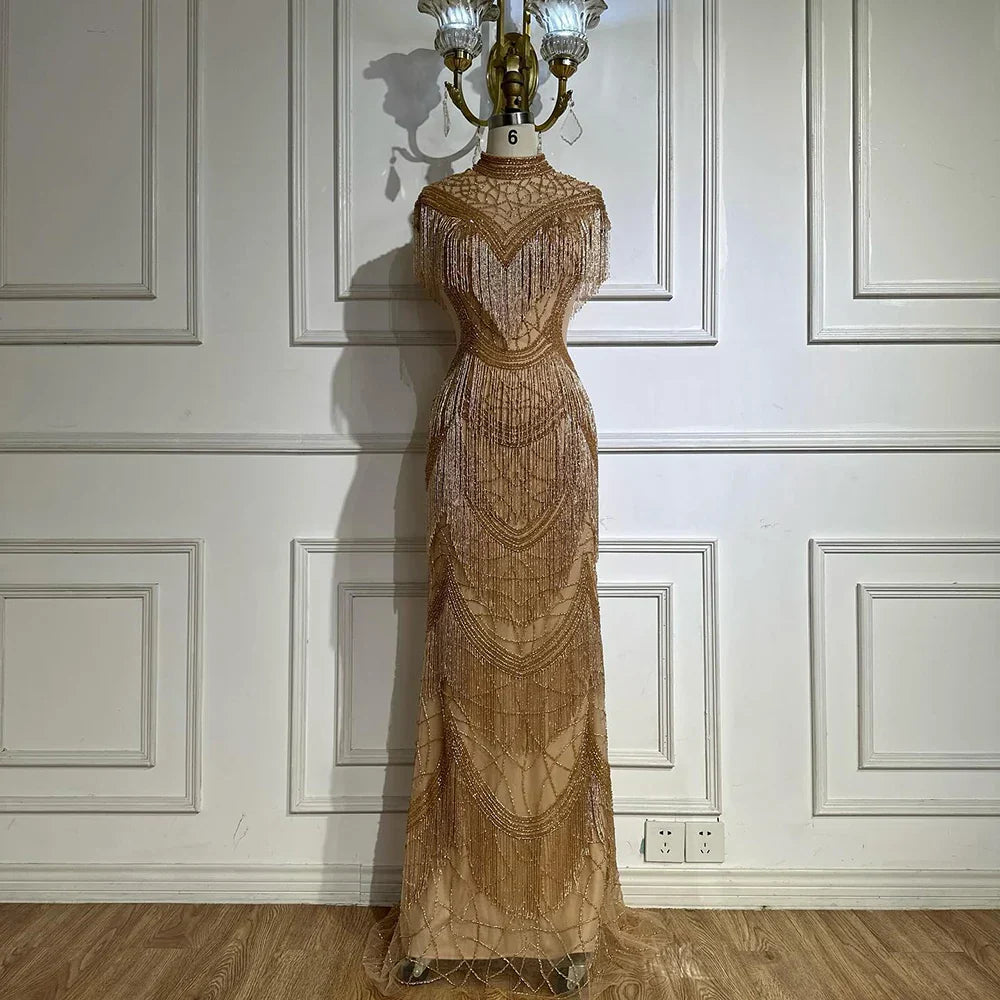 Grey Mermaid Luxury Evening Dresses Gowns Cap Sleeves Beading Tassel Sexy For Women Party 2025 LA70529
