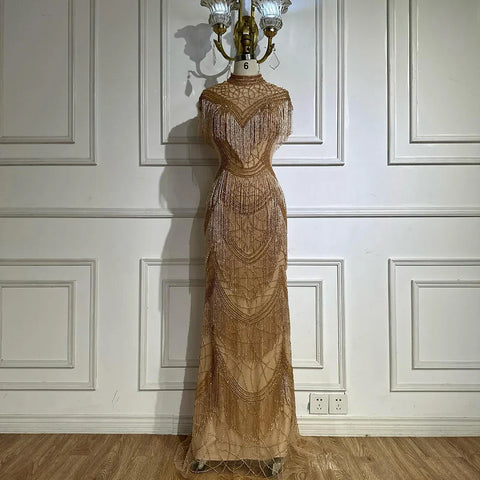 Vestidos de noche de lujo de sirena gris, mangas cortas, cuentas y borlas, sexys para mujer, fiesta 2025 LA70529 