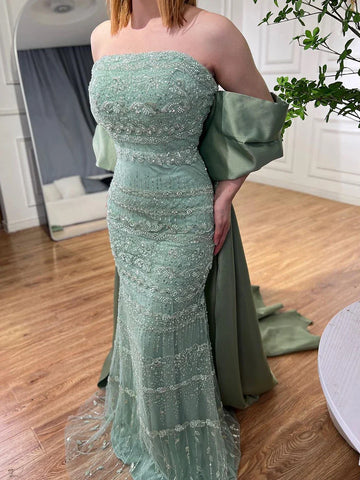 Luxury Sage Green Beaded Evening Dress with Cape LA72126