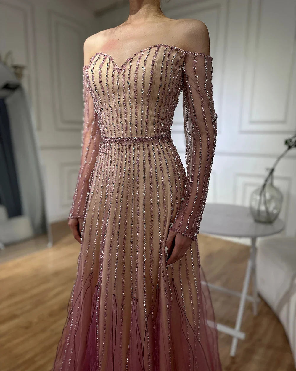 Vestidos de noche largos, elegantes, de corte A, color púrpura árabe, con cuentas, para ocasiones formales LA72752 
