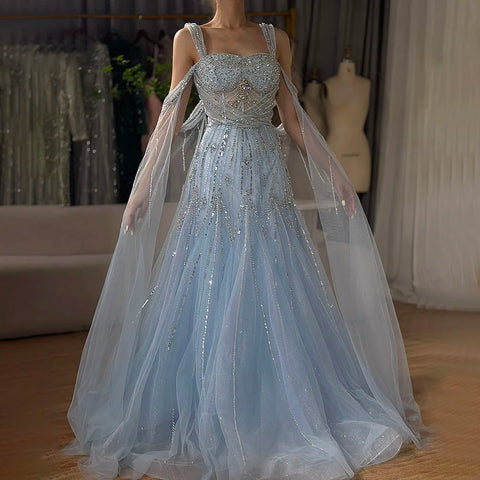 Robe de soirée trapèze rose à bretelles spaghetti et perles, avec manches cape, pour une occasion formelle, LA72726 