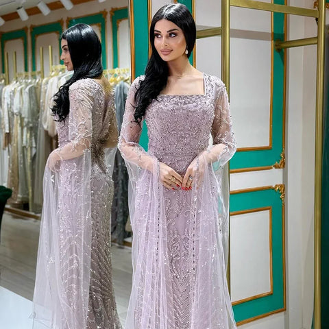 Robe de soirée longue style sirène couleur caramel, avec manches cape perlées, style arabe 2025 | Robe de soirée pour femme, LA72400A 