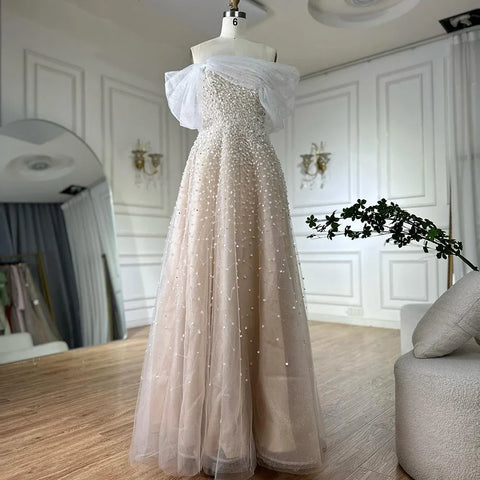 Robe de soirée longue élégante en dentelle bleu arabe, épaules dénudées, avec perles, pour occasions formelles, LA72009A, 2025