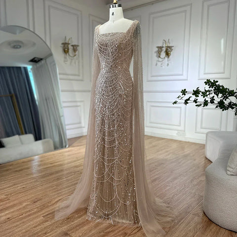 Robe de soirée sirène turquoise saoudienne 2025, avec manches cape perlées et perles, pour une occasion formelle, LA72590A 