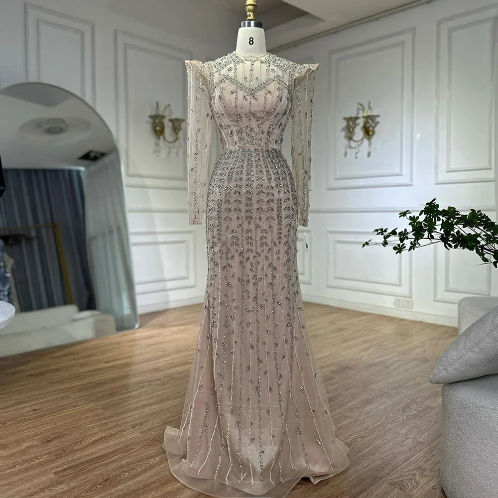 Beige Long Sleeves Arabic Evening Dresses LA72826