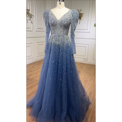 Robe de soirée élégante verte style sirène ornée de perles et manches longues LA71762 