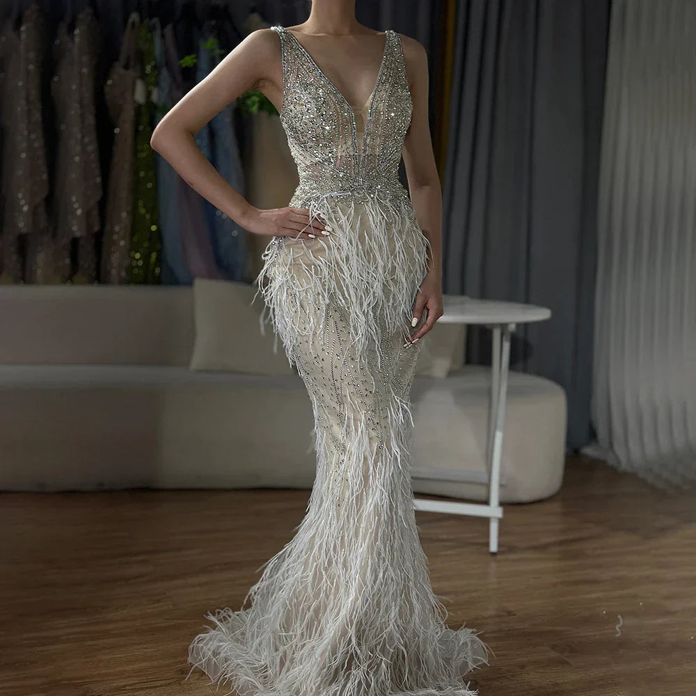 Vestido de noche elegante estilo sirena azul árabe con capa, lujoso, con cuentas y plumas, estilo Dubái, para mujer, ideal para fiestas (LA71583B). 