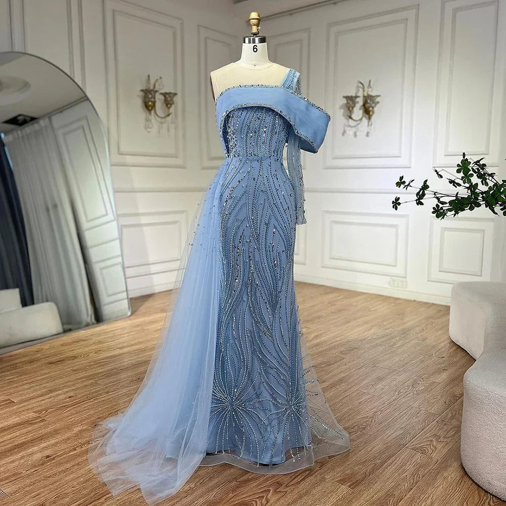 Vestido de noche árabe lila 2025 con cola lateral, perlas y un solo hombro para mujer, ideal para bodas y fiestas formales (LA72332) 