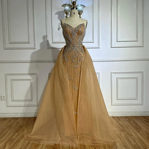 Vestido de noche corte sirena sin tirantes color turquesa, estilo saudí, con sobrefalda para ocasiones formales LA72880 (modelo 2025) 