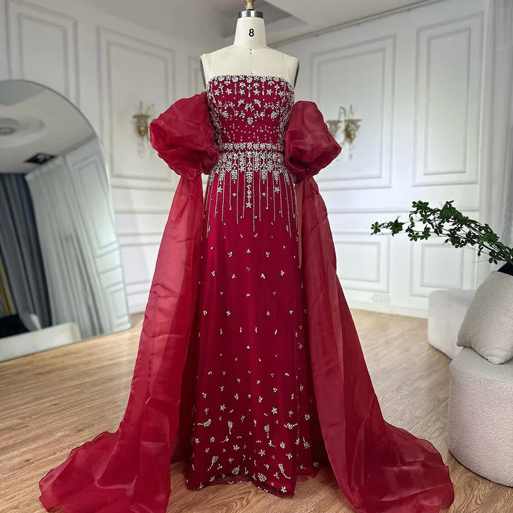 Vestidos de noche de sirena con cuentas negras, estilo princesa, con mangas abullonadas y sobrefalda, para ocasiones formales (LA72002) 