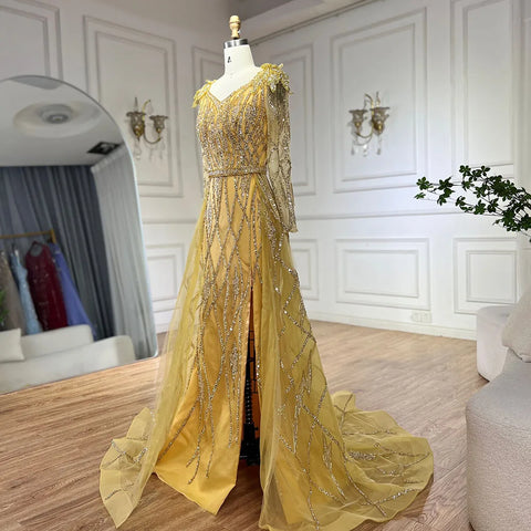 Muslim Gold Mermaid  With Overskirt Beaded Luxury Dubai Evening Dresses Gowns 2025 For Women Wedding Party LA72211