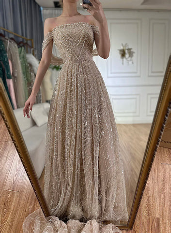 2025 Saudi Arabic Nude Pearls Beaded Design A-Line Evening Dresses Gowns for Formal Occasion LA72738