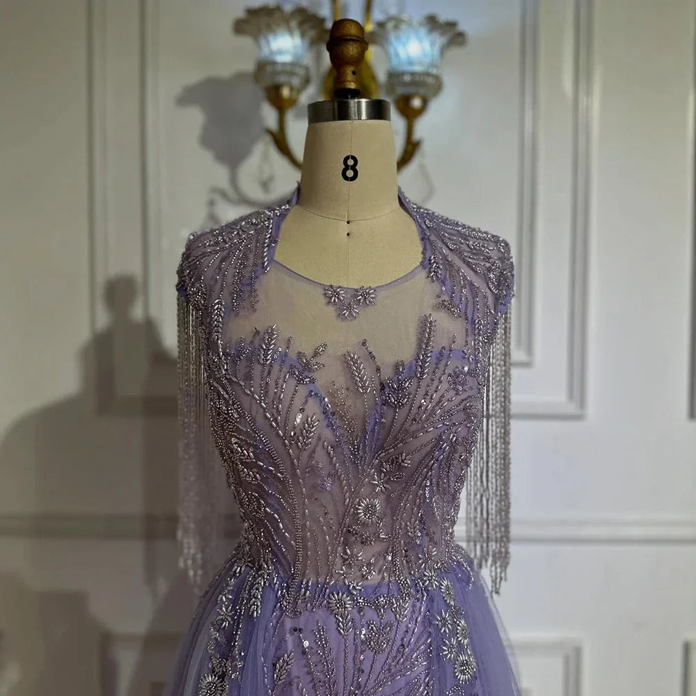 Vestido de noche de lujo de Dubái, corte en A, elegante, color lila árabe, con borlas y cuentas, modelo LA72422 (2025). 