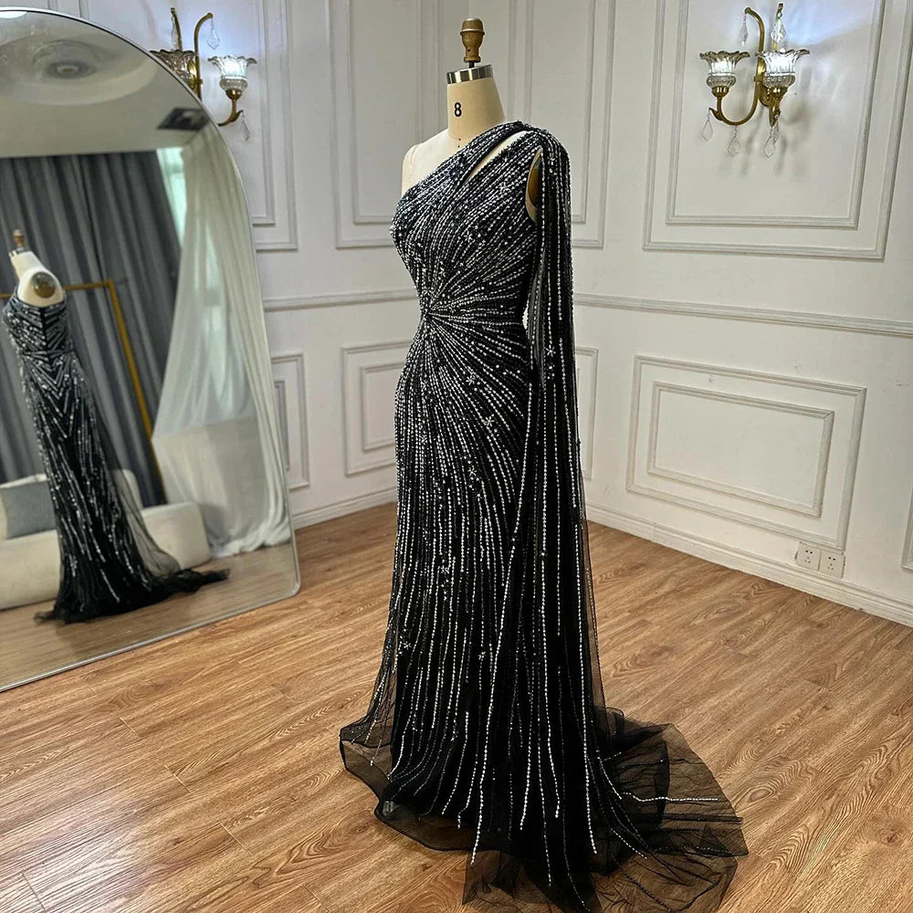 Vestido de noche de sirena con abertura alta y un solo hombro, con cuentas, estilo saudí, color negro, para ocasiones formales LA72829 