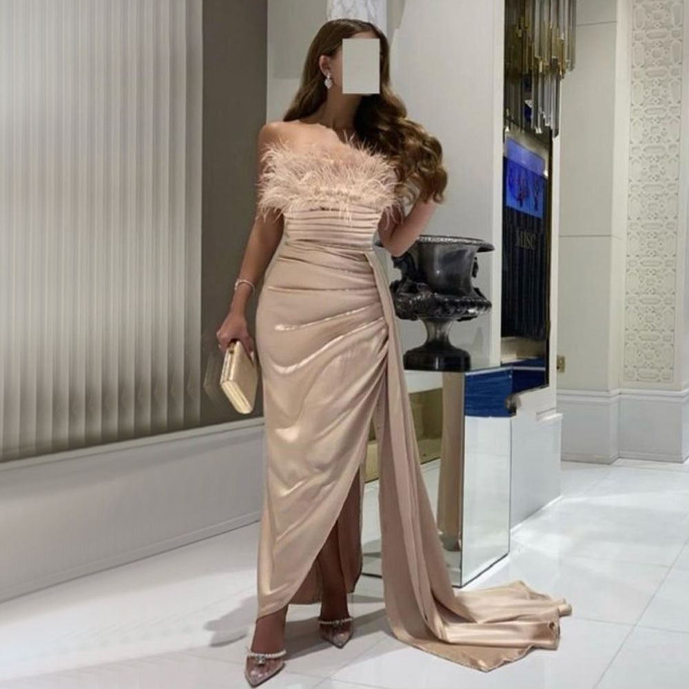 Satin With Skirt Mermaid Sexy Strapless Elegant Feather Evening Dresses Gowns 2025 For Women Arabic Party LA71854