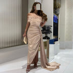 Satin With Skirt Mermaid Sexy Strapless Elegant Feather Evening Dresses Gowns 2025 For Women Arabic Party LA71854