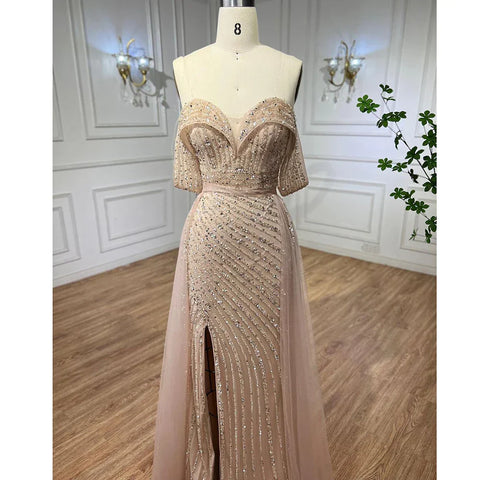 Elegante vestido de noche de sirena color piel con sobrefalda, hombros descubiertos y cuentas, para mujer, fiesta 2024 LA71728 