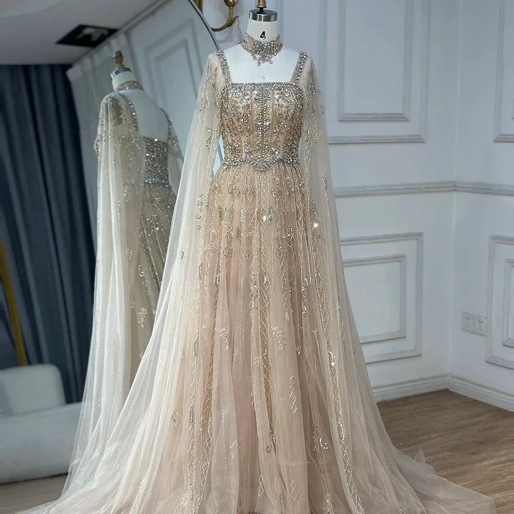 Vestido de noche de lujo saudí LA72764, corte A, manga capa, con cuentas de cristal, estilo árabe, color nude, ideal para ocasiones formales (modelo 2025).
