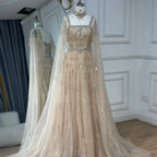 Vestido de noche de lujo saudí LA72764, corte A, manga capa, con cuentas de cristal, estilo árabe, color nude, ideal para ocasiones formales (modelo 2025).