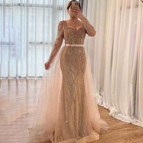 Blue Mermaid Luxury Pearls Beaded Arabic Elegant Evening Dresses Gowns For Woman Wedding Party LA71861