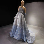 Blue Beaded Luxury Evening Dresses Gowns 2025 Detachable Sleeves A-Line For Women Party LA71506
