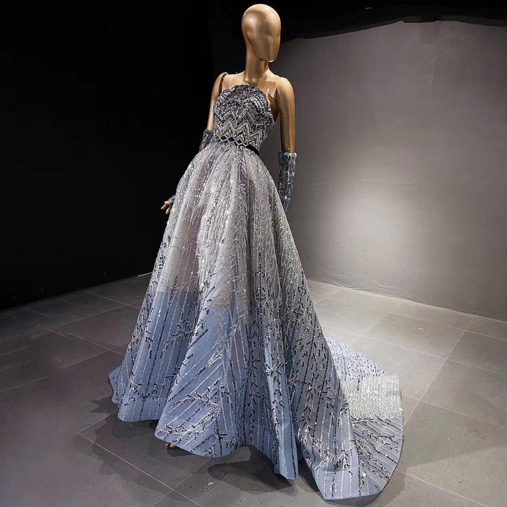 Blue Beaded Luxury Evening Dresses Gowns 2025 Detachable Sleeves A-Line For Women Party LA71506