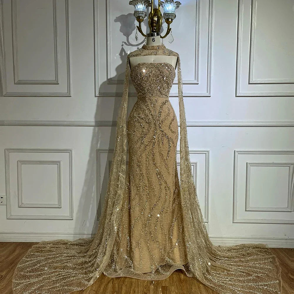 Nude Mermaid Evening Dresses Gowns with Detachable Cape Sleeves and Lace Up Back for Formal Occasion LA72824