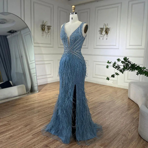 Gold Sexy High Split Mermaid Evening Dresses Gowns Backless Luxury Beaded Feather 2025 For Women Party LA71583