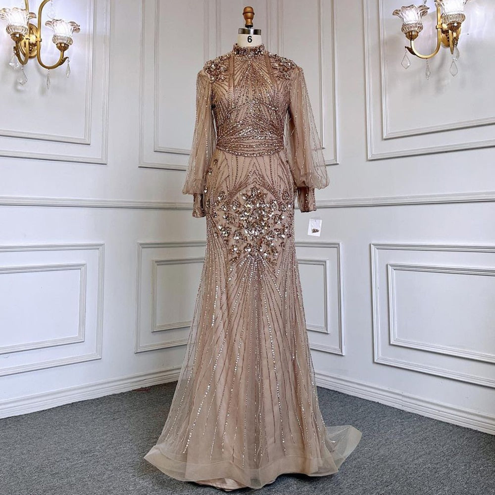 Silver Mermaid Luxury Beaded Evening Dress Gown Full Sleeves LA71036 (On Sale, No Return, No Refund)