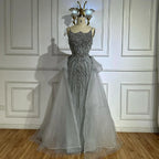 Vestidos de noche color nude con tirantes finos y cuentas, estilo saudí, con sobrefalda, para ocasiones formales LA72810 