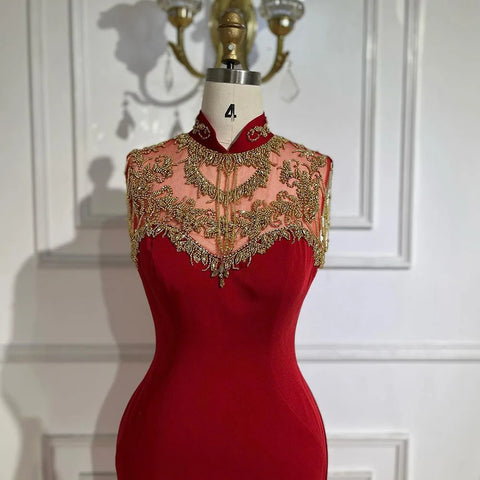 Arabic Wine Red Mermaid Elegant Satin Beaded Luxury Dubai Evening Dresses Gowns For Women Wedding Party 2025 LA72556