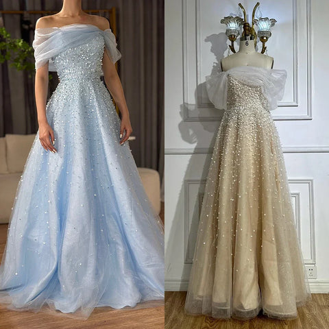 Robe de soirée longue élégante en dentelle bleu arabe, épaules dénudées, avec perles, pour occasions formelles, LA72009A, 2025