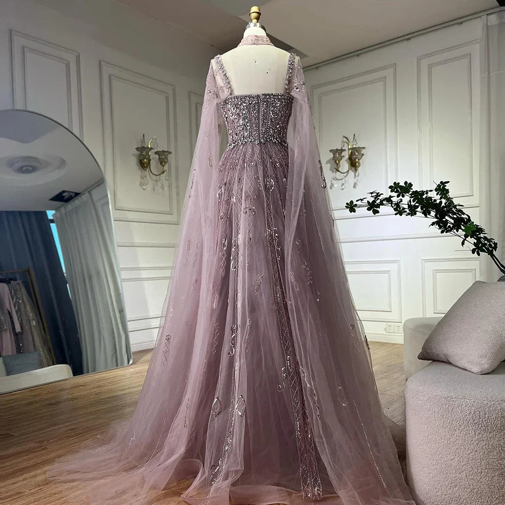 Vestido de noche de lujo saudí LA72764, corte A, manga capa, con cuentas de cristal, estilo árabe, color nude, ideal para ocasiones formales (modelo 2025).