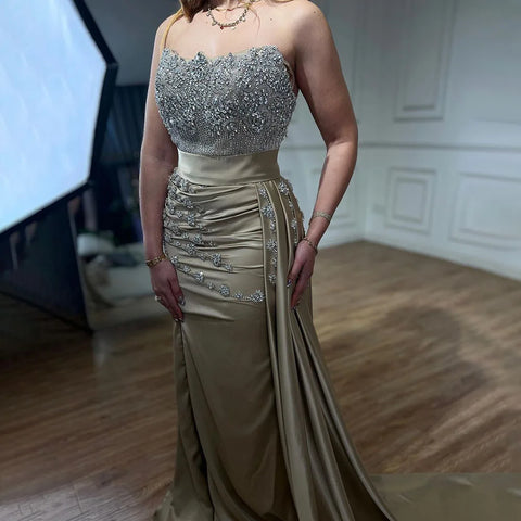 High Split With Skirt Mermaid Nude Sexy Strapless CRYSTAL Beaded Evening Dresses Gowns For Women Party 2025 LA72135