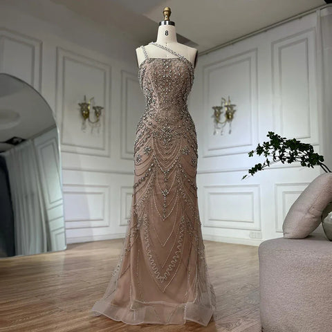 Elegant Nude One Shoulder Beaded Evening Dresses Gowns for Formal Occasion 2025 LA72791