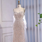 Luxury Lace Pearls Mermaid Evening Dress With Glove White Nude LA72345E