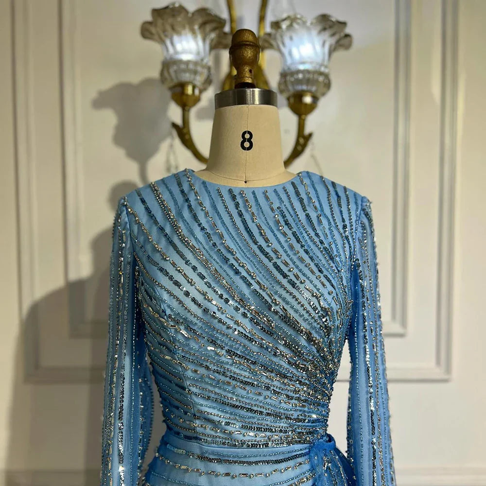 Vestidos de noche saudíes elegantes de color azul con cuentas, estilo árabe, para ocasiones formales (LA72822)