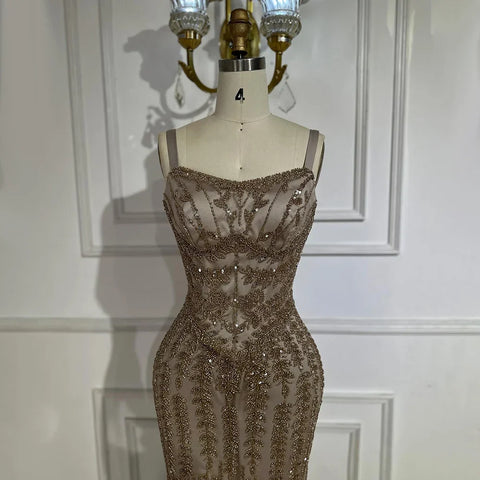 Robe de soirée sirène bleu arabe à bretelles spaghetti, luxueuse robe de soirée saoudienne perlée pour une occasion formelle, LA72725 